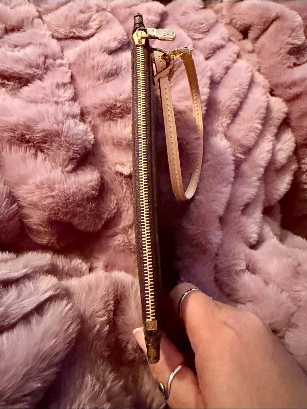 Louis Vuitton Brown Monogram Wristlet with Tan Strap